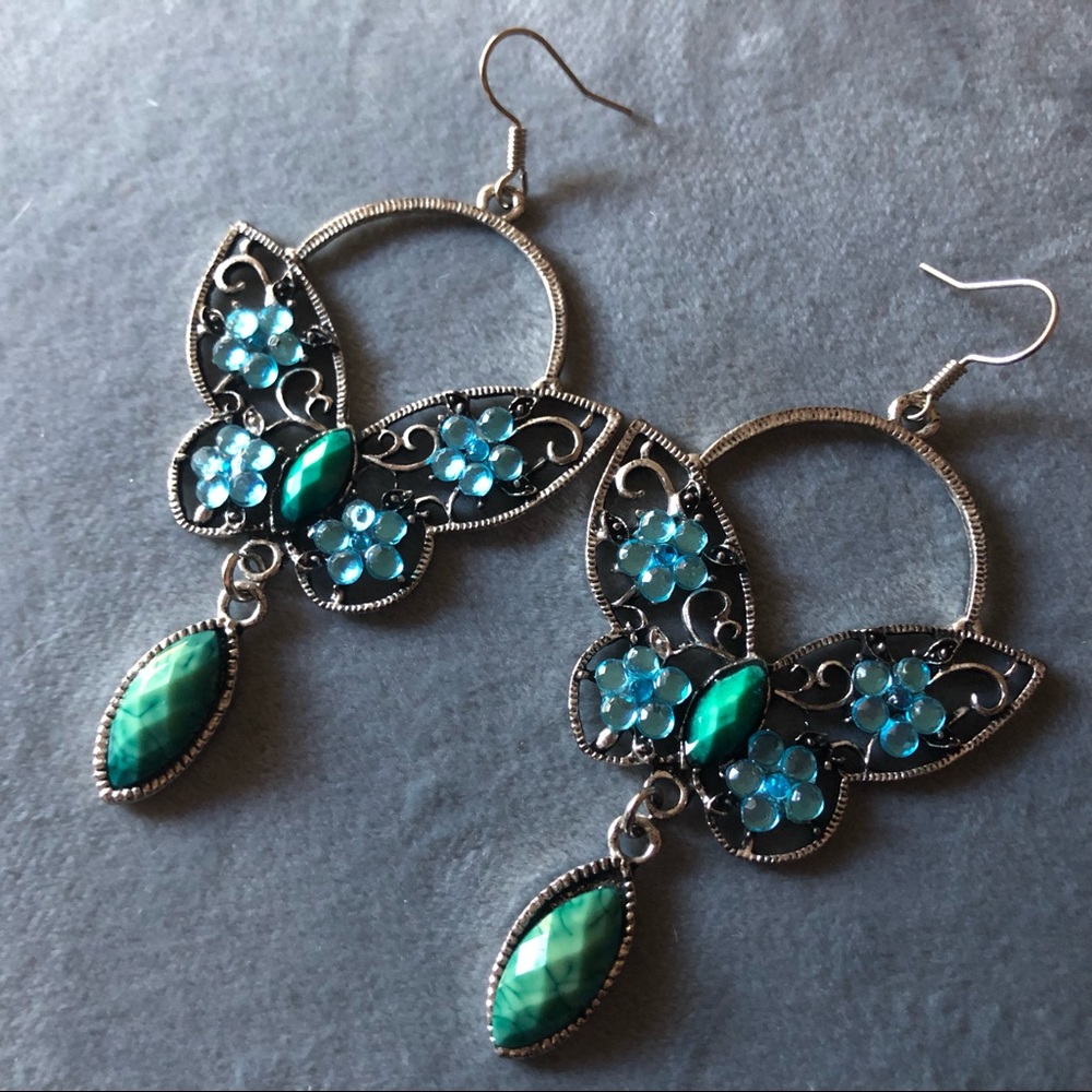 2/$20 Teal Turquoise Butterfly Earrings Silver Tone Long - Picture 5 of 6